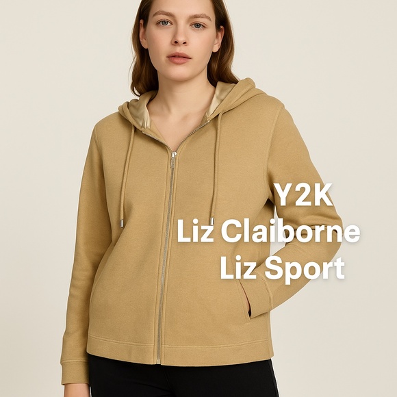 Vintage LIZ CLAIBORNE Liz Sport Gold Satin Lined Cotton Zip Hoodie Y2K Petite M - Picture 1 of 16